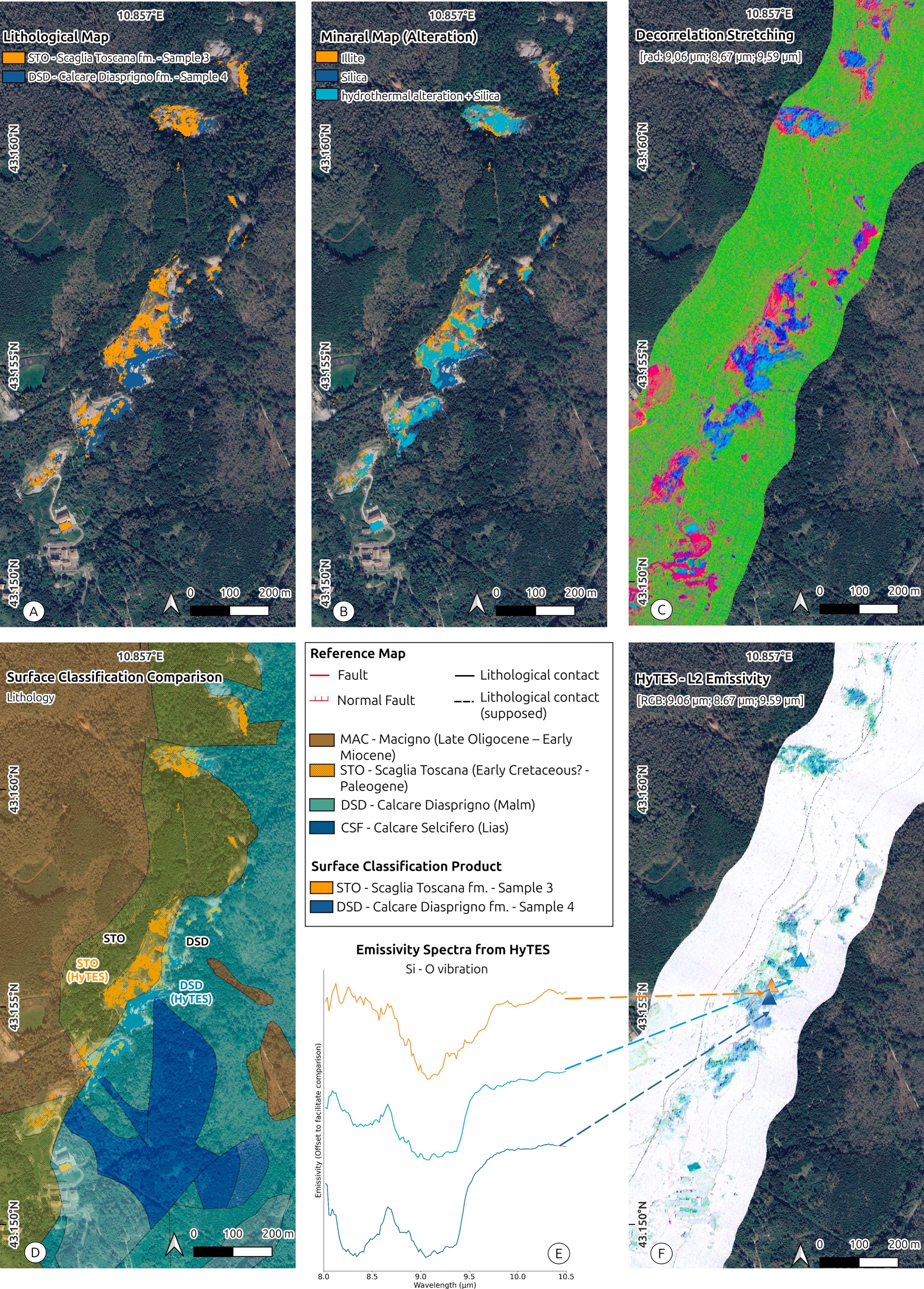 HyTES-derived lithological and mineral-alteration maps of a geothermal area in Tuscany compared with the regional geological map