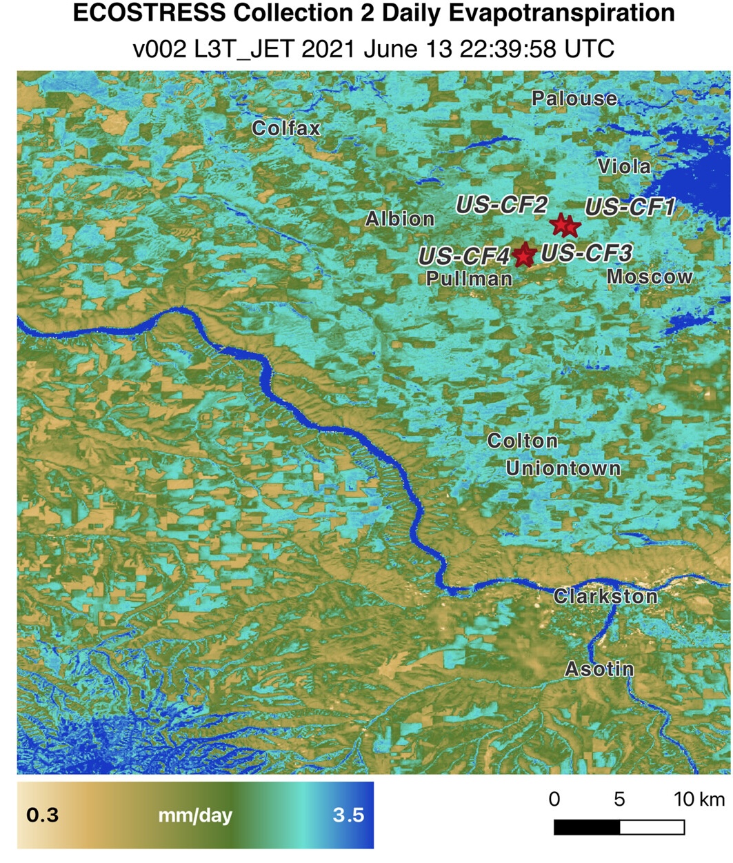 Map of ECOSTRESS Collection 2 daily evapotranspiration over the Palouse region near Pullman, WA, with AmeriFlux tower sites marked
