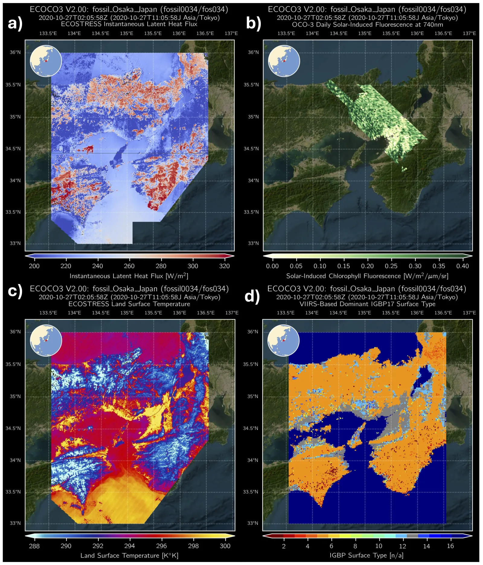 Four-panel map of co-located ECOSTRESS latent heat flux, OCO-3 solar-induced fluorescence, ECOSTRESS land surface temperature, and IGBP surface type over Osaka, Japan
